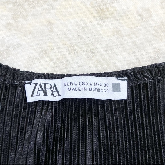 Zara Large Pleated Ruffled Blouse Black V Neck Tie Long Sleeve Top Romantic - Picture 3 of 11